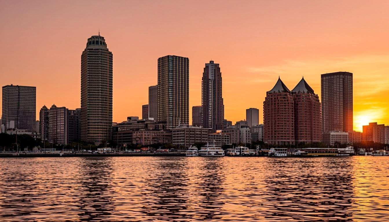 Modern Dutch business district skyline at golden hour, representing companies hiring in the Netherlands
